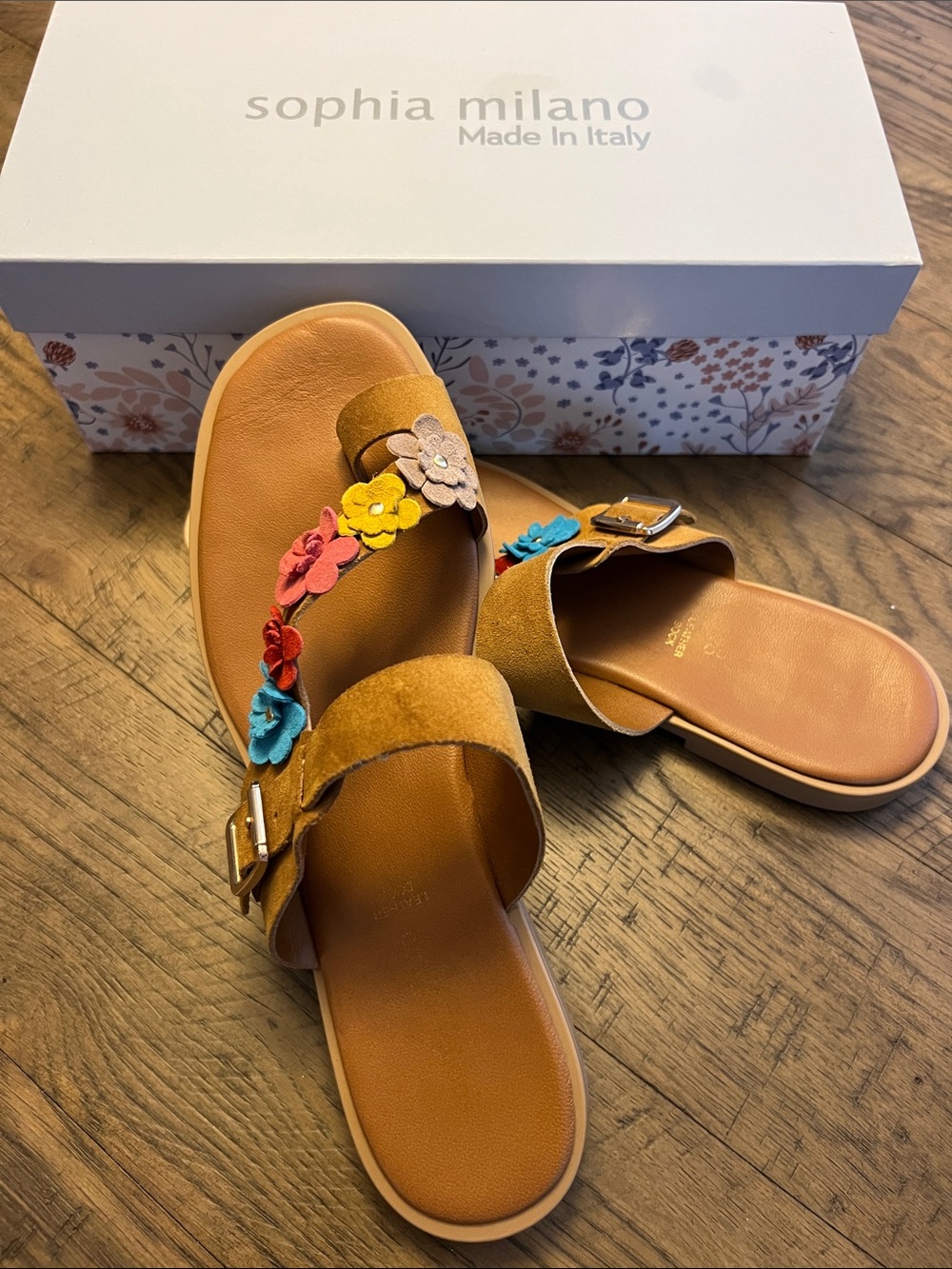 Sophia Milano Tan Suede Floral Appliqué Slide Mules